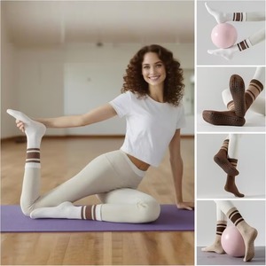 Custom Logo Grip <b>Socks</b> Crew <b>Socks</b> Striped <b>White</b> Brown Knitted for <b>Women</b> Non Slip Cotton Pilates Yoga Barre Workout Autumn - Product Image 4