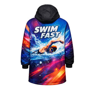 New Design Swim Parka <b>Jacket</b> for Swimmers, <b>Long</b> Insulated Hooded Coat with Premium Fabric, Stylish Blue Gradient Wave Print - Product Image 2