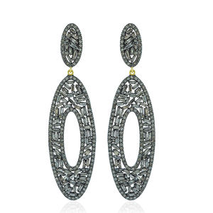 Pendientes de Plata 925 con Diamantes Baguette Naturales, Hechos a Mano, con Cierre a Presión, Joyería Fina, 17X60 MM - Product Image 1