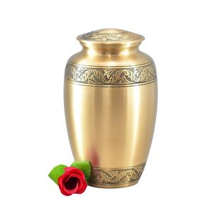 Wholesale Luxury Gold Brass Metal Cremation Urn Bulk <b>Memorial</b> Jar with Intricate Floral Engraving and Triple Polished Band Art - Product Image 2