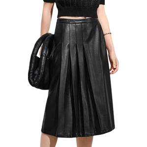 Jupe plissée mi-longue évasée en similicuir PU taille haute pour femme, style mode féminin - Product Image 2