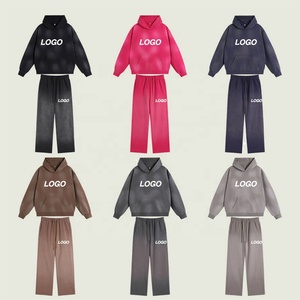 Custom logo Vintage Sweat <b>Suits</b> Sweatpants Hoodie Set Streetwear Winter 100% Cotton Fleece Men Tracksuits - Product Image 1