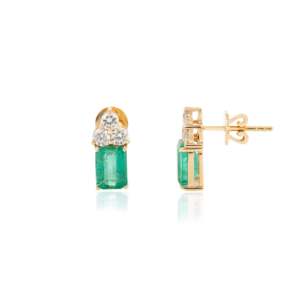 18K Gold Geometric Drop Earrings with Octagon Cut Emerald and Diamond Accents - Product Image 5