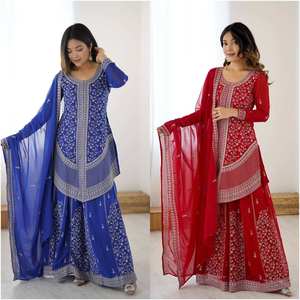 <b>Festive</b> Fusion Faux Georgette Kurti Shaded Chinon Palazzo <b>Sequins</b> Embroidery Dupatta Cultural Occasion Dress Set HK59- DC - Product Image 6