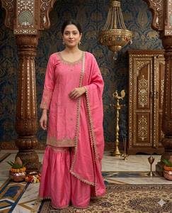 Salwar Kameez Rosa Fendi de Seda Bordada con Dupatta, con Lentejuelas, para Bodas, Diwali y Fiestas, para Mujer - Product Image 1