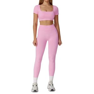 Women Red <b>Seamless</b> Ribbed Yoga Set Short Sleeve Crop Top Full Length <b>Leggings</b> Spandex Polyester Solid Color Fitness Wear - Product Image 2