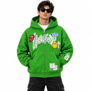 Sweat-shirt à capuche vert pour homme, 100% coton, imprimé graphique en strass, patch de dessin animé, streetwear hip-hop, automne - Product Image 2