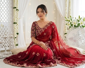 AARA Fashion <b>Red</b> Embroidered Silk Saree <b>Blouse</b> for Wedding Women Traditional Indian Bridal Wear Floor Length Regular Fit Sun - Product Image 2