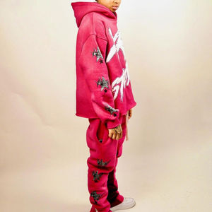 Conjunto de Sudadera con Capucha y Pantalones de Chándal para Hombre, de Algodón Personalizado con Lavado Ácido, Hombros Caídos, Estampado Puff de Alto Gramaje, Forro Polar de Invierno - Product Image 1