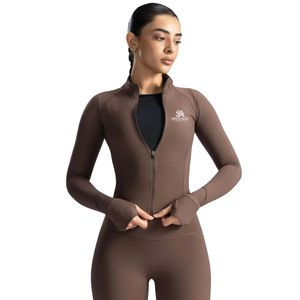 <b>Brown</b> Women's Fitted Athletic Jacket Cropped Length Full Zip <b>Long</b> <b>Sleeve</b> High Neck Stretch Workout Sportswear <b>Top</b> - Product Image 1