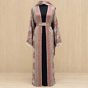Abaya en pashmina imprimé pour femme avec châle assorti et ceinture de taille, robe kimono longue ouverte sur le devant, luxueuse, modeste, musulmane, islamique, à capuche, longueur au sol - Product Image 2
