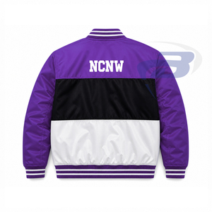 Chaqueta de carreras bordada para mujer de la hermandad NCNW, ropa griega vintage, chaqueta universitaria blanca y morada, personalizable con cualquier logotipo. - Product Image 3