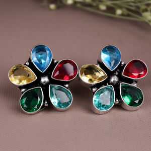 ARTS JEWELS Pendientes de Flor con Circonitas Multicolor para Mujer, de Latón Oxidado Plateado |   Joyería de Regalo con Diseño Floral Tribal Bohemio - Product Image 2