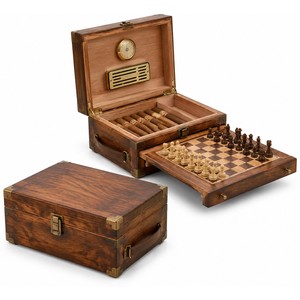 Ensemble d'échecs de voyage en bois de manguier pour cigares, vente en gros |   Boîte à cigares antique marron - Product Image 1