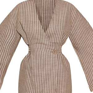 Nueva Chaqueta Blazer Cruzada de Lino y Algodón a Rayas para Mujer, Cuello en V, Botón Único, con Lazo en la Cintura, Casual, Holgada, Oversize, Verano, Venta al por Mayor - Product Image 6