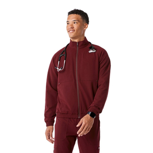 Ensemble de blouses médicales pour hommes, couleur bordeaux, en coton tricoté et polyester, veste à fermeture éclair intégrale avec porte-stéthoscope, uniformes d'hôpital - Product Image 1