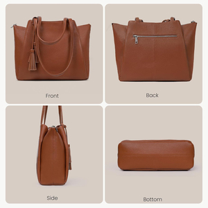 Bolso Tote de Trabajo de Cuero Genuino Marrón, Color Sólido, Parte Superior Abierta, Estilo Minimalista para Uso Diario - Product Image 3