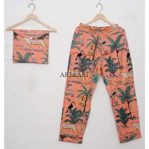 Pyjama unique en coton à col rabattu, imprimé jungle orange, chemise et pantalon à imprimé forêt, ensemble de nuit pour femmes - Product Image 3