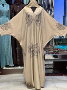 2026 New V Neck Long Sleeve Floor Length Modest Polyester Handmade <b>Flared</b> Hem Abaya Beaded Detail Women's Traditional Muslim - Product Image 2