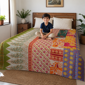 Indian Handmade Vintage Stitched Sari <b>Silk</b> Kantha Quilt Bedspread Bed <b>Sheet</b> Queen Size 500TC Eco-friendly Home Hot Selling Most - Product Image 1