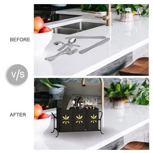 Porta Cubiertos Metálico Rectangular Negro con Diseño de Hoja Dorada, Moderno Organizador de Cocina, Tipo de Pie, Duradero - Product Image 3