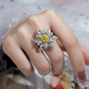 Women's White Gold <b>Diamond</b> <b>Ring</b> With Oval Fancy Yellow Center And Pavé Accents IGI Certified Luxury Flower Design - Product Image 4