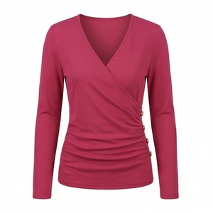 Camiseta de mujer sexy de lona sólida con ojales y botones, plisada lateralmente, cuello en V, estilo coreano, ajustada, manga larga, color personalizado, para primavera - Product Image 1