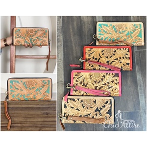 Cartera de Cuero Genuino con Diseño de Girasol y Turquesa, Hecha a Mano, con Cierre, Multiusos, para Damas, Tarjetero - Product Image 1