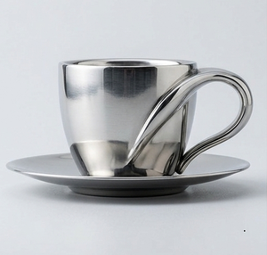 Stainless Steel Espresso <b>Cup</b> <b>and</b> <b>Saucer</b> Set Modern Metal Tea <b>Coffee</b> Mug with Handle - Product Image 4