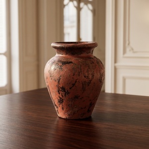 Vase en poterie rustique vieillie couleur orange brûlé, pot à fleurs vintage sans poignée pour la décoration de maison de campagne - Product Image 2