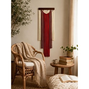 Décoration murale rectangulaire pour salon, pièce unique, macramé bohème, rayures verticales rouge et crème - Product Image 6