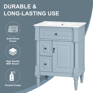 Mobile Bagno Freestanding da 24 Pollici con Lavabo, Grigio Blu, in Legno Massello di Gomma, con Cassetto a Ribalta e Ripiano Regolabile, Struttura in Legno Massello - Product Image 5