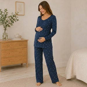 Conjunto de pijama de maternidad para mujer, manga larga, largo completo, patrón de puntos azules, algodón transpirable, cuello redondo, corte recto, ropa de otoño - Product Image 5