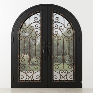 Portes d'entrée extérieures en fer forgé cintrées, résistantes à l'eau, avec verre décoratif, style traditionnel personnalisé - Product Image 1