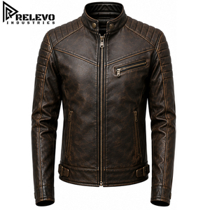 <b>Vintage</b> Style Men Distressed Brown Moto Leather <b>Jacket</b>, Premium Textured <b>Racer</b> Biker Outerwear with Quilted Shoulders - Product Image 1