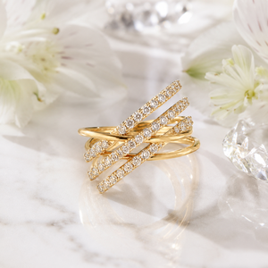 14K <b>Gold</b> Designer Criss Cross Band <b>Cocktail</b> <b>Ring</b> with Sparkling White Diamonds Luxury Women's Wedding/Party Fashion Jewelry - Product Image 1