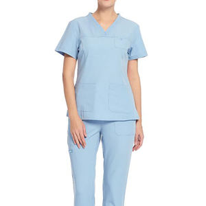 Tenue médicale élégante en coton extensible et tissé, blouses à col en V pour femmes, ensemble infirmière avec logo personnalisé - Product Image 2