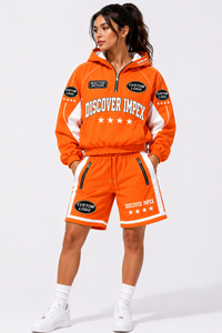 Custom Unisex Orange Nylon Short Set Hooded <b>Zip</b> <b>up</b> <b>Jacket</b> Contrast Panel Graphic Print Track Shorts - Product Image 2