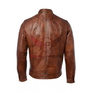 Chaqueta de Cuero Marrón Genuino para Hombre, Corte Ajustado, Estilo Motero, Cafe Racer, con Bolsillo con Solapa en el Pecho, Personalizada, Clásica, para Invierno - Product Image 3