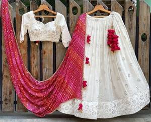 ชุดแต่งงานของนักออกแบบอินเดียที่สวยงาม Georgette Lehenga ชุด Georgette พร้อมด้ายฝ้ายหนักลําดับงานชาติพันธุ์ Lehenga - Product Image 1
