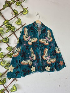 <b>Women's</b> Teal <b>Velvet</b> Bomber <b>Jacket</b> Stand Collar Zipper Butterfly Embroidered Autumn Coat Butterfly Embroidered <b>Women</b> <b>Jacket</b> - Product Image 3