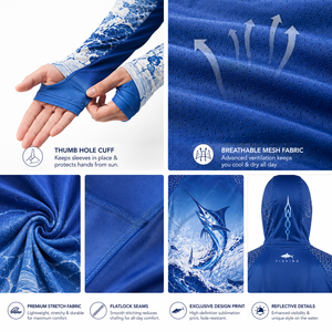 เสื้อตกปลาแขนยาวมีฮู้ดสีน้ำเงินสำหรับผู้ชาย พิมพ์ลายคลื่นมาร์ลินด้วยเทคนิค Heat-Transfer ป้องกันรังสียูวี UPF 50 แห้งเร็ว ปรับแต่งได้ เหมาะสำหรับกิจกรรมกลางแจ้ง - Product Image 5