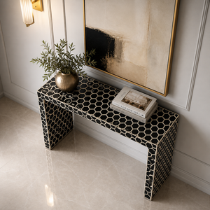Modern Solid Wood Bone Inlay <b>Console</b> <b>Table</b> with Agate Detailing and Honeycomb Pattern for Living Room Entry <b>Storage</b> - Product Image 3