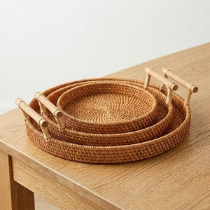 Decorative Round Rattan Tray with Handles Handmade Woven Storage <b>Basket</b> for Coffee <b>Table</b> and Home Uses - Product Image 1