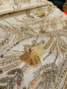 ผ้าลูกปัดทำมือคุณภาพสูงประดับด้วยเพชรซิร์คอน ผ้าลูกไม้ปักโพลีเอสเตอร์สำหรับชุดแต่งงานระดับไฮเอนด์ ใช้สำหรับนักออกแบบ - Product Image 2