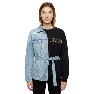 Mixed Media Hoodies Hybrid Denim <b>Jacket</b> Black Sweatshirt Women's Belted Patchwork Long Sleeve Casual Streetwear Trendy Apparel - Product Image 3