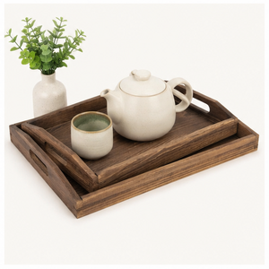 Handcrafted Rustic Dark Brown Wooden Serving Tray <b>Set</b> Of 2 <b>Nesting</b> Rectangular Wood Platters With Cutout Handles <b>Coffee</b> <b>Table</b> - Product Image 2