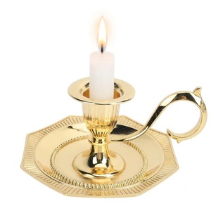 Gold Brass Chamberstick <b>Candle</b> Holder Handled Taper Stand Vintage Octagon <b>Dish</b> Base Candleholder Home Table Wedding Christmas - Product Image 1