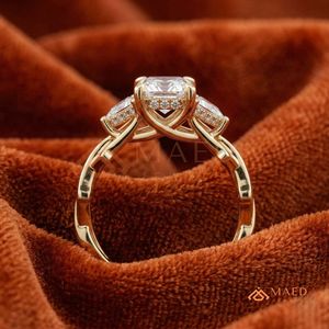 Luxury 14K Gold Radiant Shape Diamond Wedding <b>Ring</b> with Leaf Inspired Side Stones and Modern <b>Open</b> Band Design for Women - Product Image 4