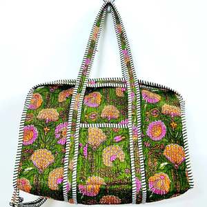 Handmade Quilted Cotton Travel <b>Bag</b> for Women <b>Large</b> Weekender Duffle with Block Print Shoulder Overnight <b>Bag</b> - Product Image 4